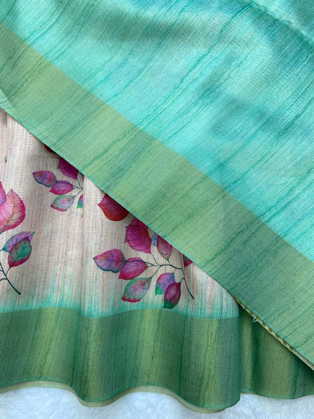 Elegant Pastel Mint Floral Soft Tussar Silk Saree