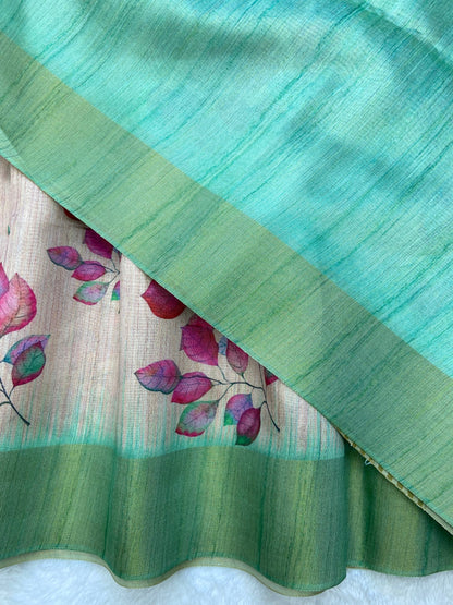 Elegant Pastel Mint Floral Soft Tussar Silk Saree