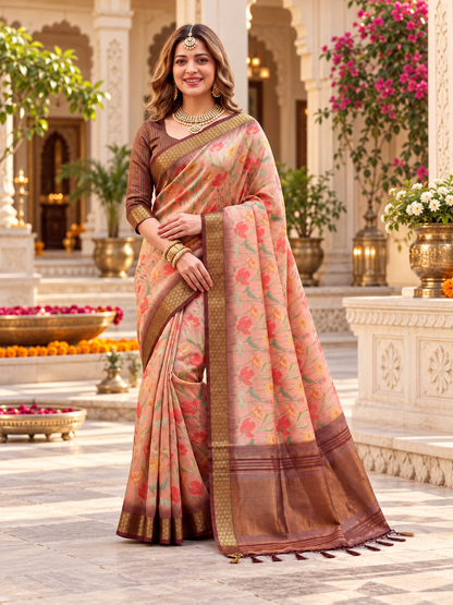 Elegant Blush Peach Floral Printed Soft Tissue Silk Saree