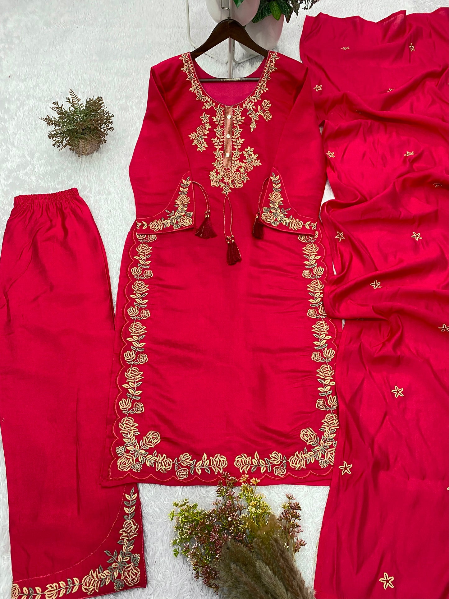 Elegant Red Embroidered Roman Silk Suit Set with Dupatta