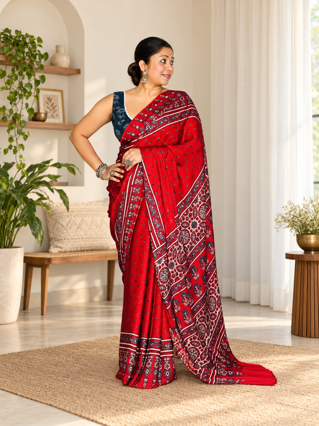 Marvellous Red Handblock Print Modal Silk Ajrakh Saree
