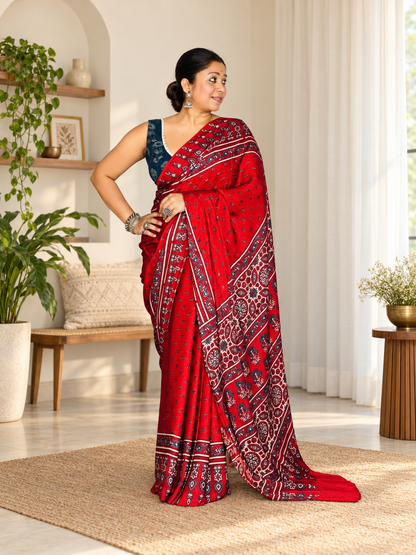 Marvellous Red Handblock Print Modal Silk Ajrakh Saree