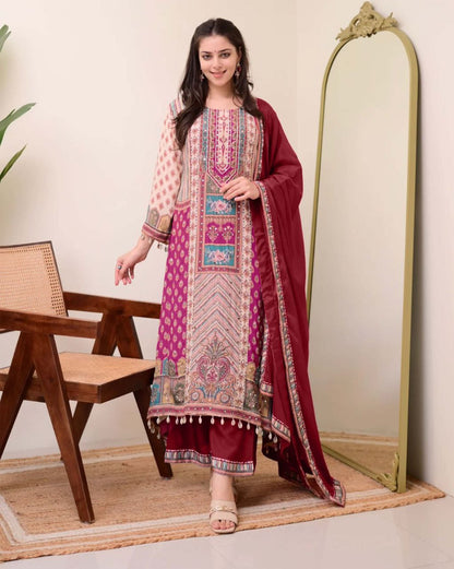 Premium Violet Patchwork Printed Chinon Suit Set with Fancy Mirror Work