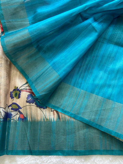 Aveline Azure Bloom Floral Printed Soft Tussar Silk Saree
