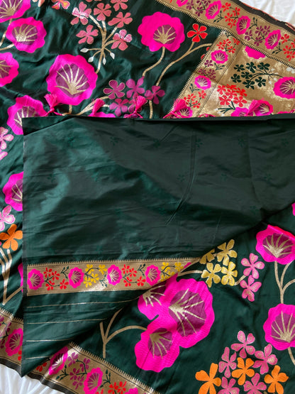 Elegant Bottle Green Soft Silk Saree with Zari Weaving and Tassels