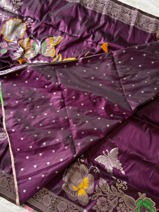 Aadhira Imperial Wine Soft Silk Butterfly Motif Saree With Zari Border