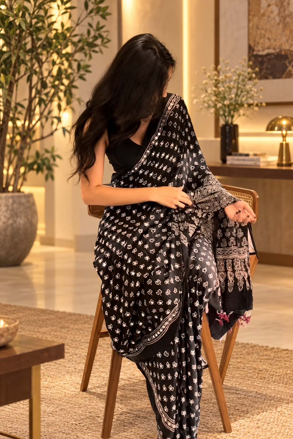 Attractive Black Pure Gajji Silk Ajrakh Saree with Handcrafted Mirror