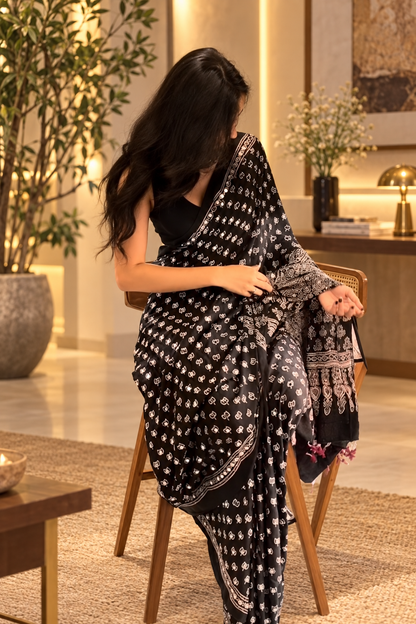 Attractive Black Pure Gajji Silk Ajrakh Saree with Handcrafted Mirror