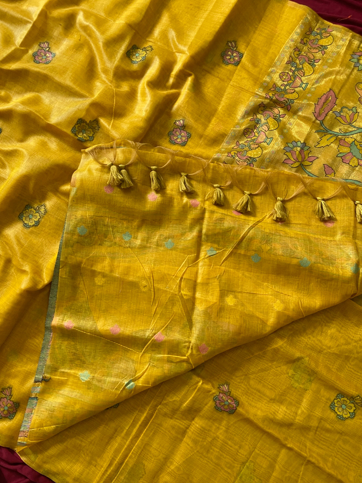Kashvi - Mustard Yellow Soft Muga Cotton Paithani Saree