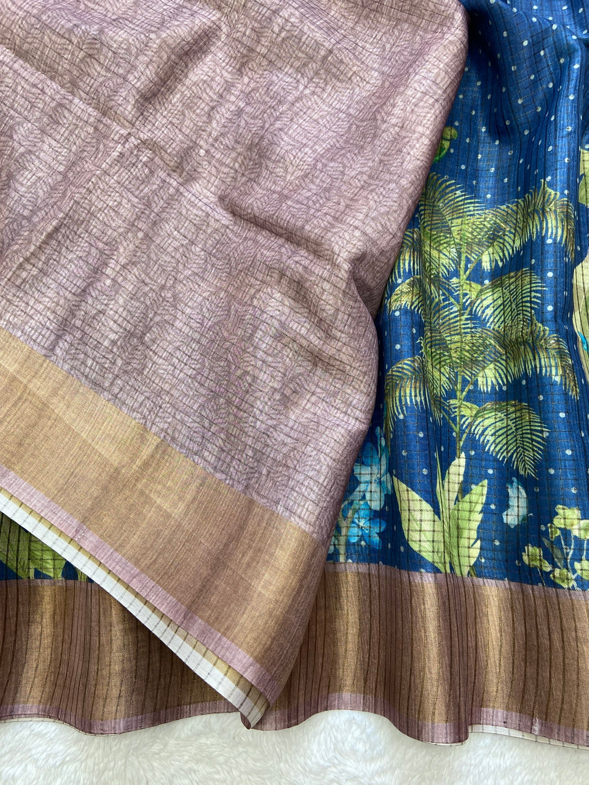 Avelina Royal Blue Botanical Print Tussar Silk Saree
