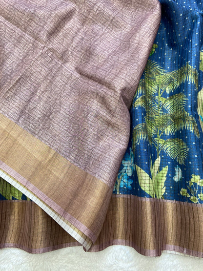 Avelina Royal Blue Botanical Print Tussar Silk Saree