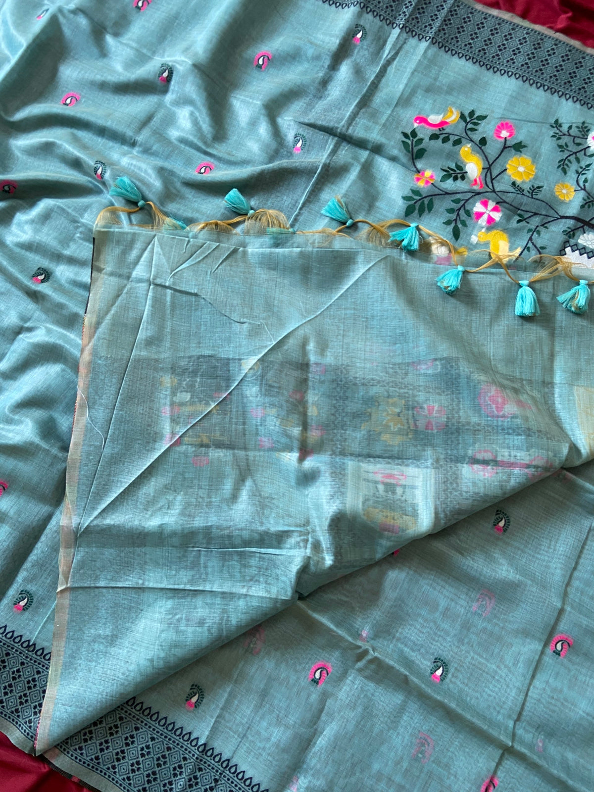 Attractive Blue Soft Jamdani Cotton Saree with 3D Woven Peacock Pallu
