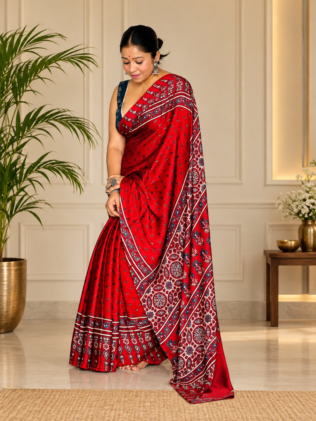 Marvellous Red Handblock Print Modal Silk Ajrakh Saree