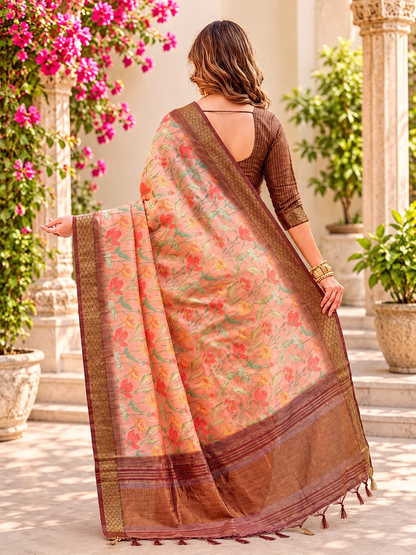 Elegant Blush Peach Floral Printed Soft Tissue Silk Saree