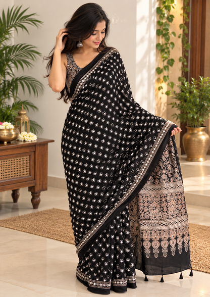 Attractive Black Pure Gajji Silk Ajrakh Saree with Handcrafted Mirror