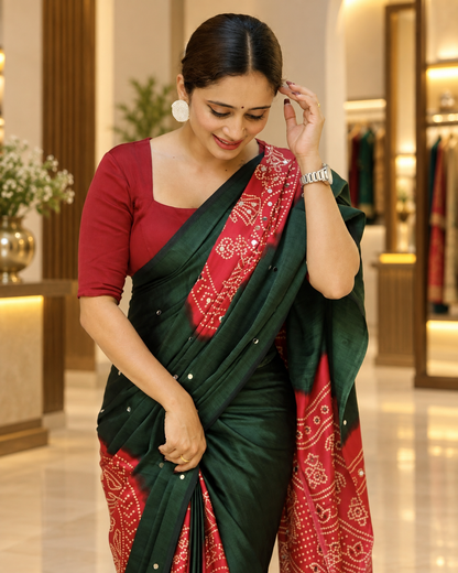 Beautiful Green & Red Pure Gajji Silk Saree with Real Mirror Work