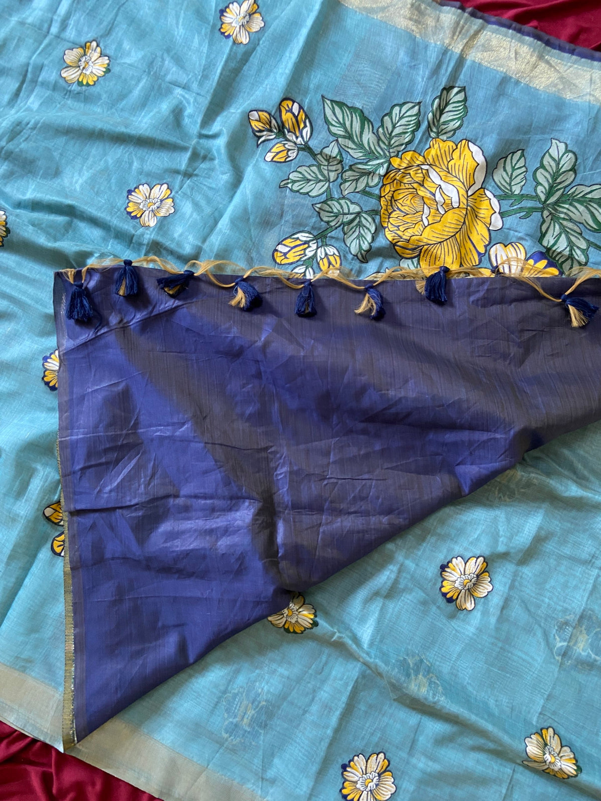 Trendy Slate Blue Soft Muga Cotton Resham Weaving Saree