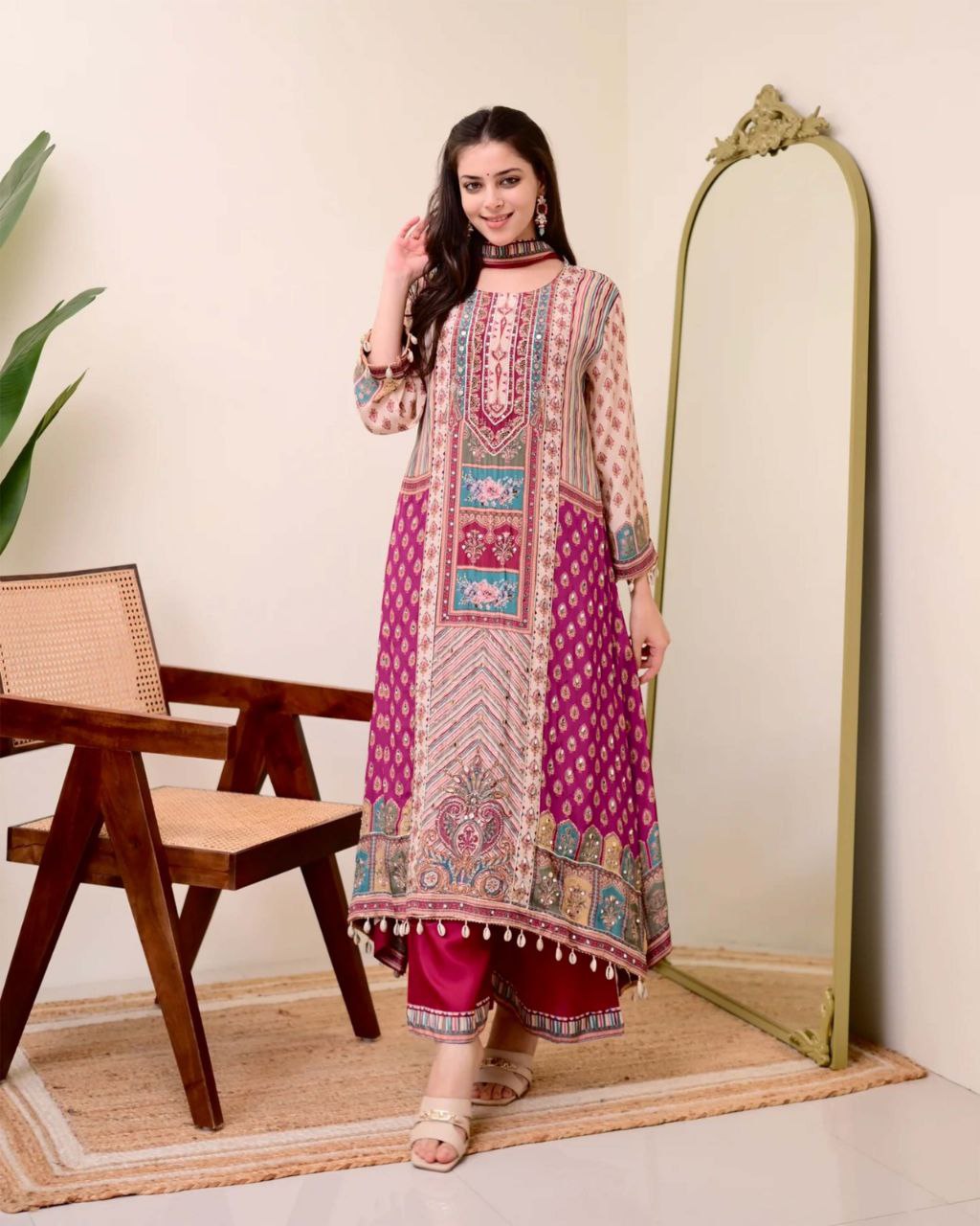 Premium Violet Patchwork Printed Chinon Suit Set with Fancy Mirror Work