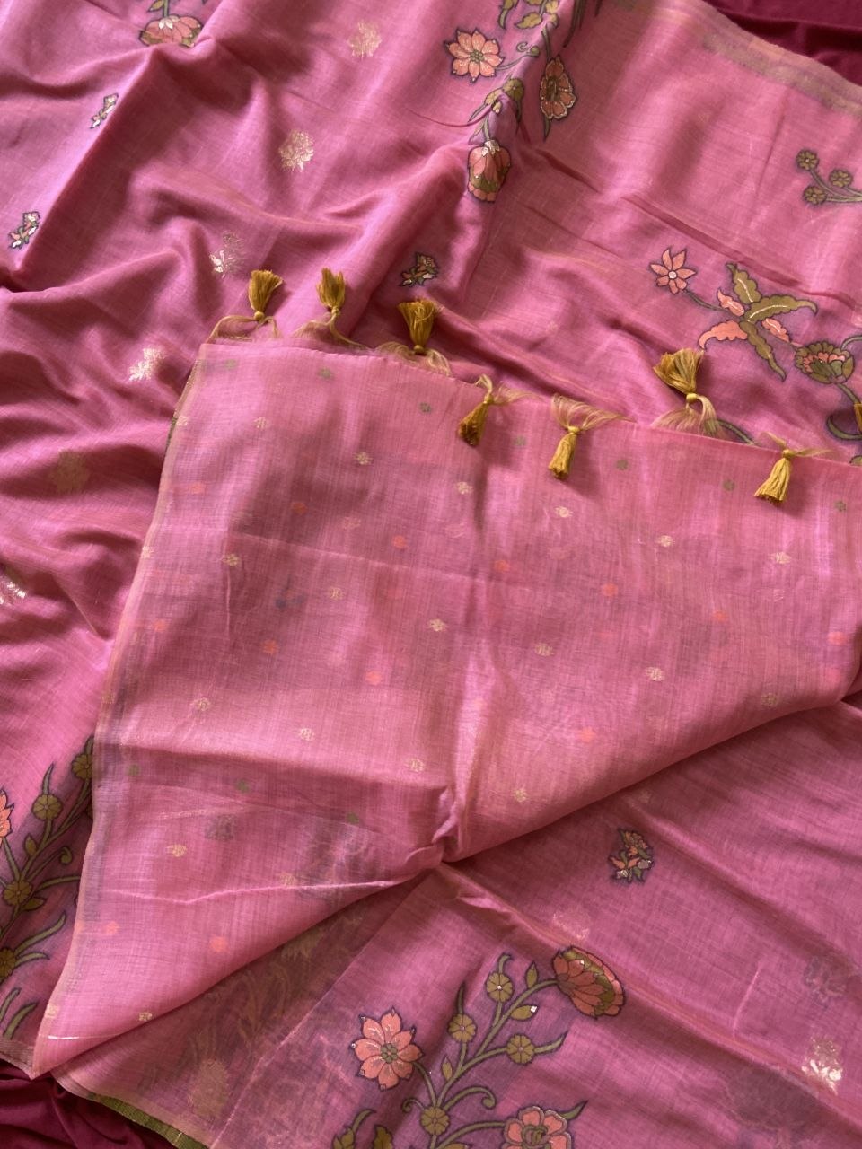 Aadhira - Rose Pink Resham Woven Soft Muga Cotton Saree