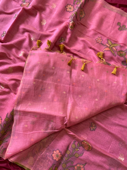 Aadhira - Rose Pink Resham Woven Soft Muga Cotton Saree