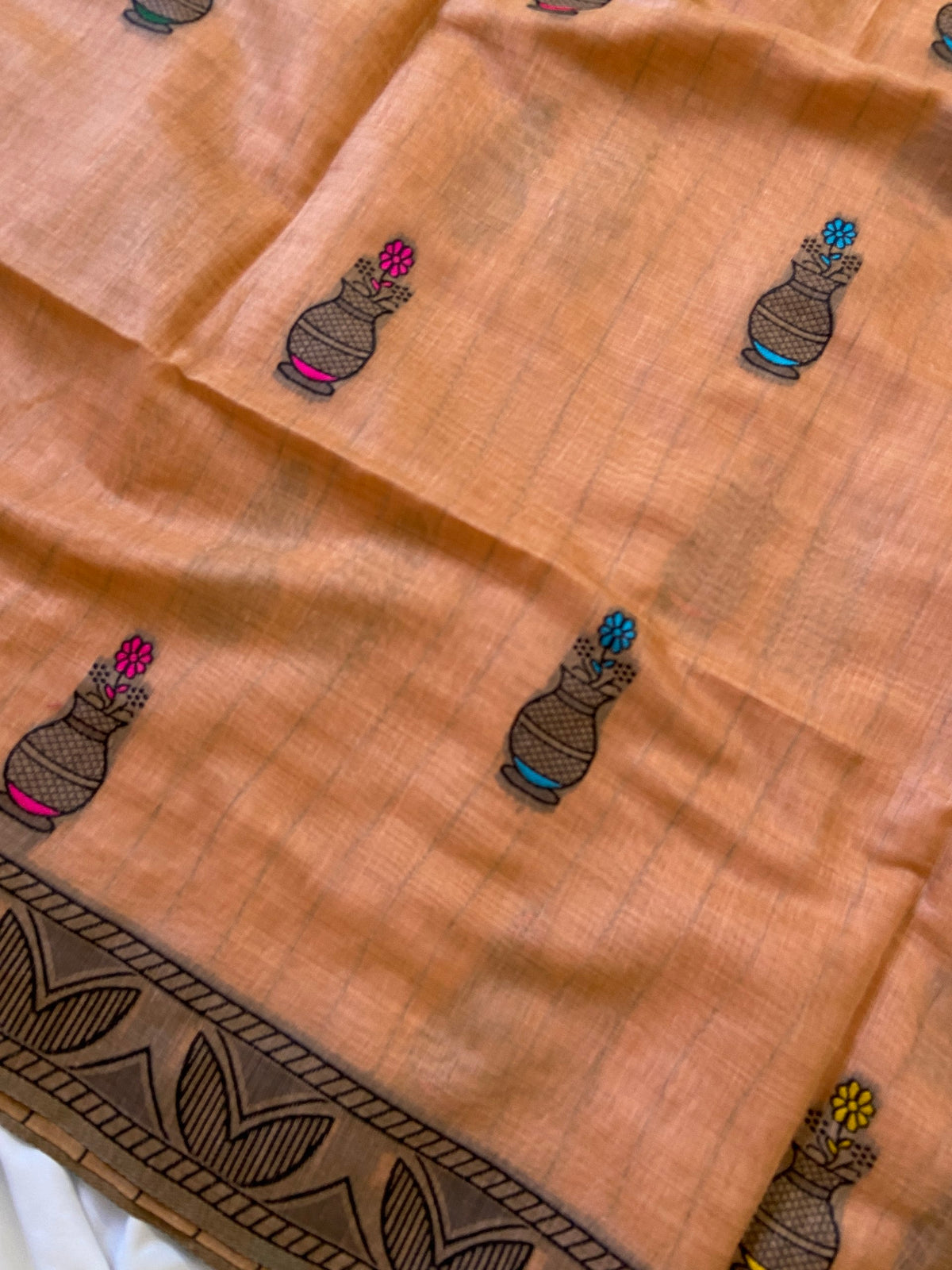 Traditional Madhubani Peach Coral Soft Muga Cotton Resham Weaving Saree