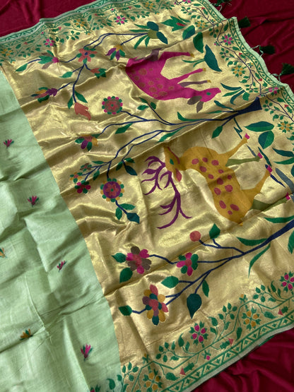 New Designer Muga Cotton Paithani Saree with Woven Deer Motif