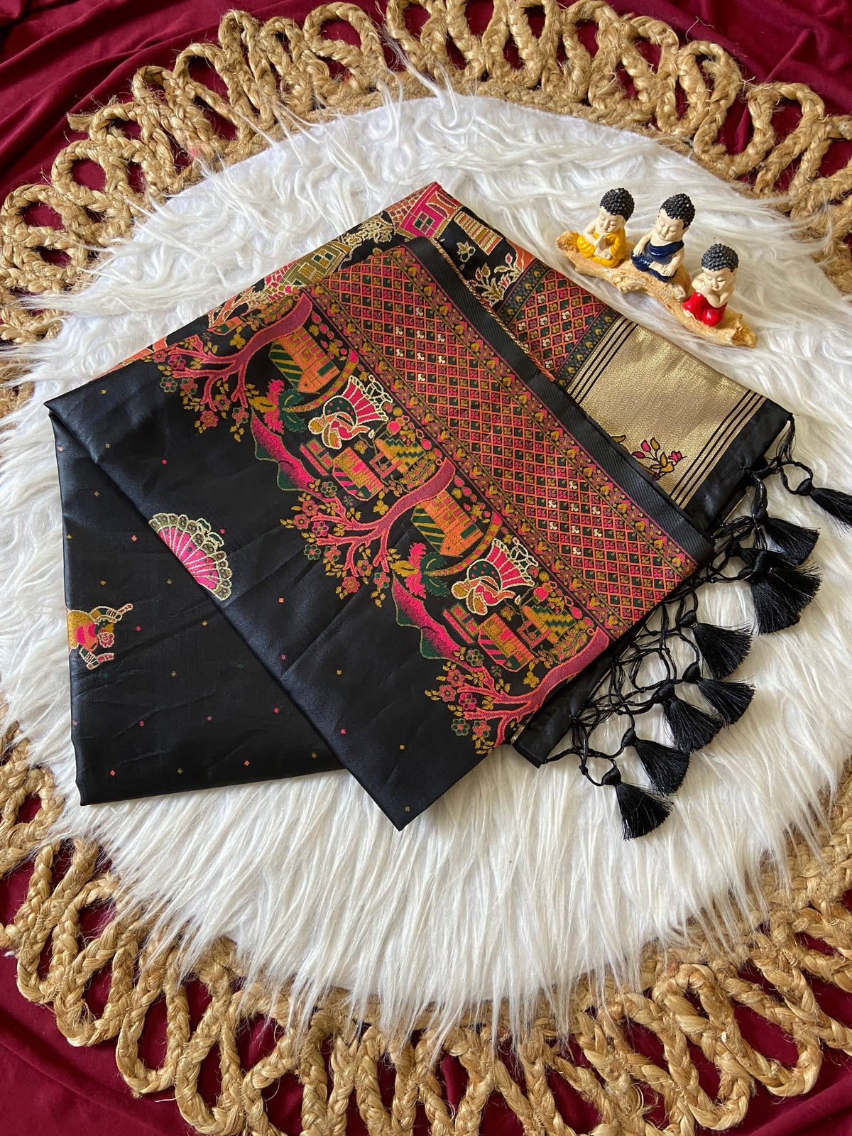 Beautiful Jet Black Premium Woven Zari Soft Pashmina Silk Saree