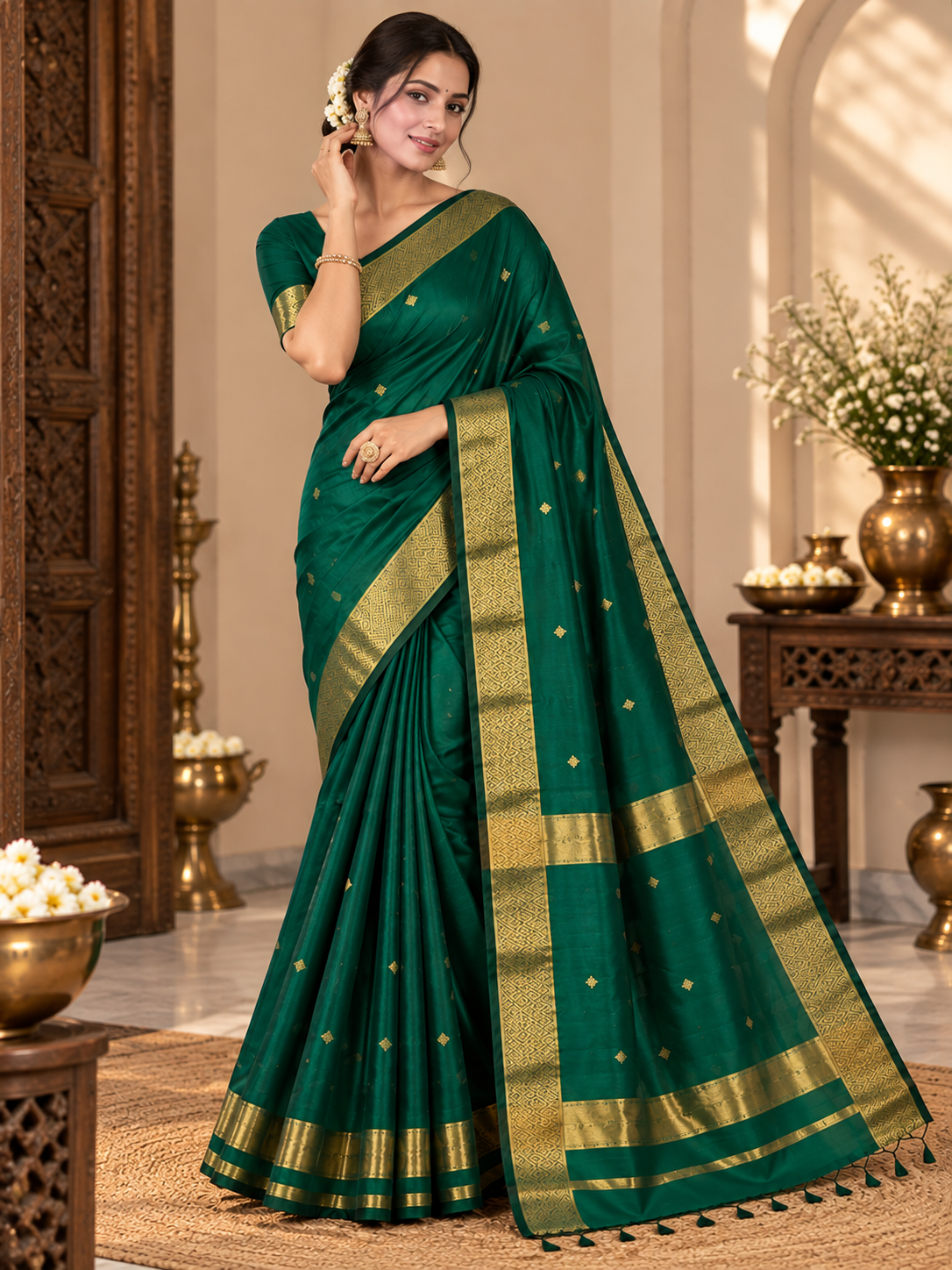 Emerald Green Handloom Maheshwari Cotton Silk Saree