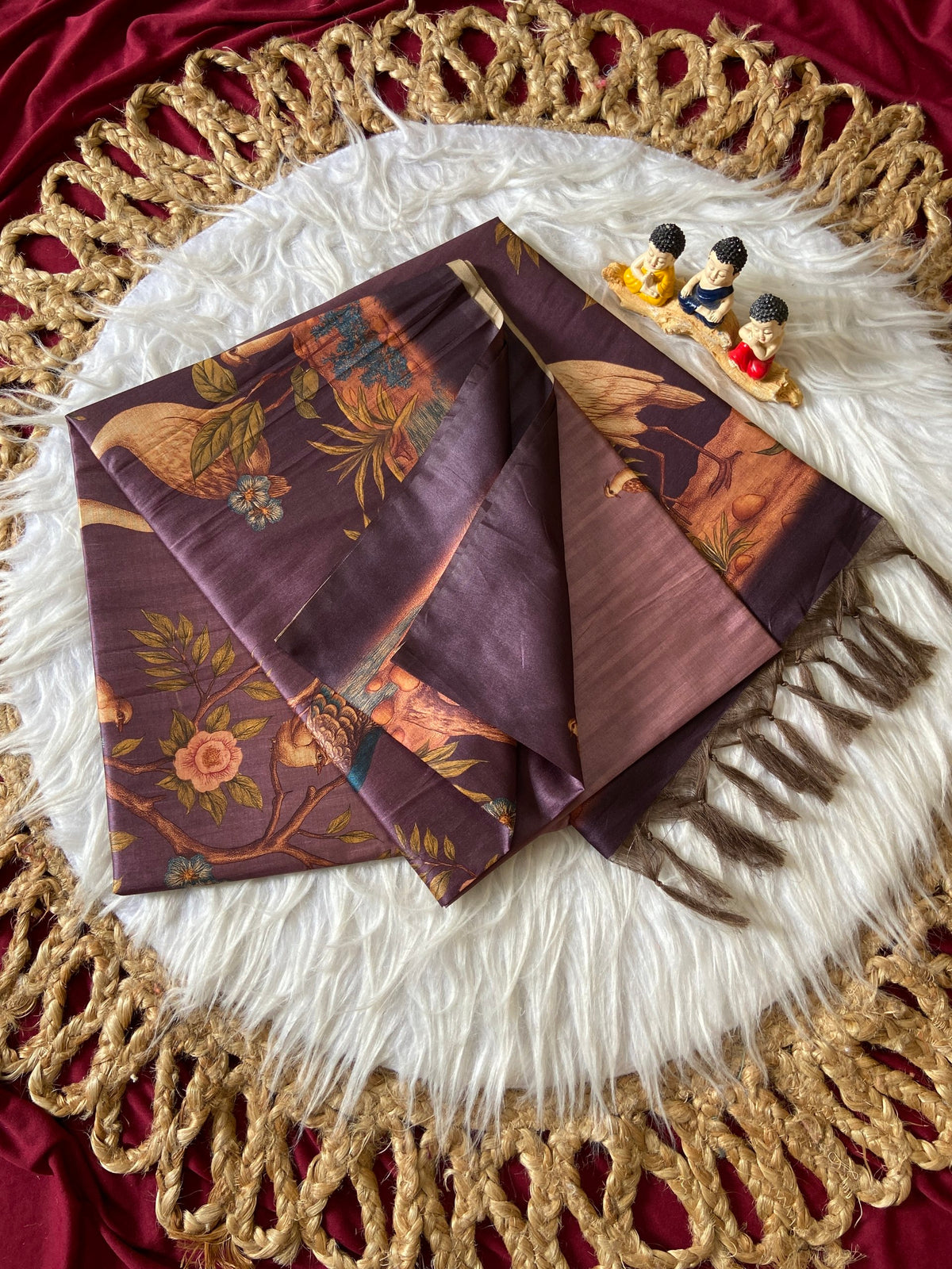 Festive Dark Wine Crane Print Soft Tussar Silk Saree