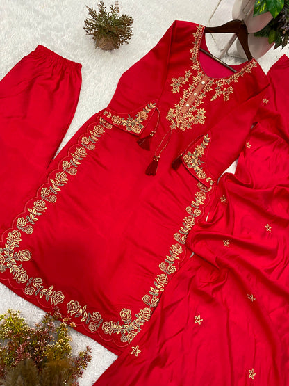 Elegant Red Embroidered Roman Silk Suit Set with Dupatta