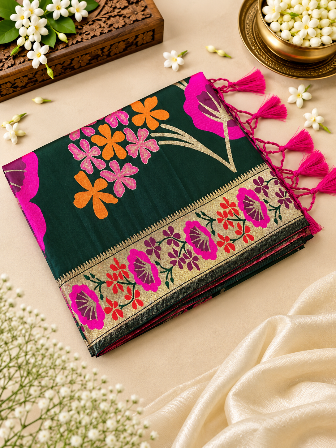 Elegant Bottle Green Soft Silk Saree with Zari Weaving and Tassels