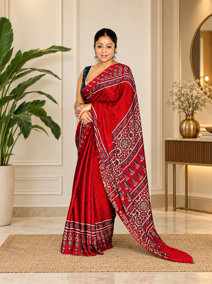 Marvellous Red Handblock Print Modal Silk Ajrakh Saree