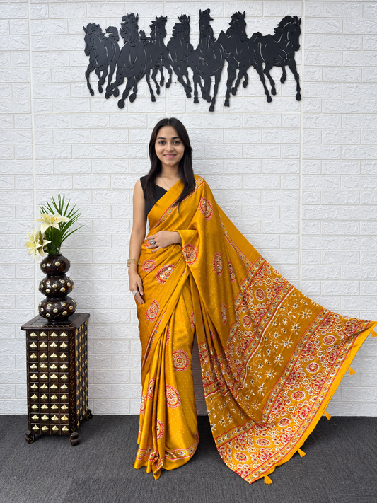 Traditional Mustard Yellow Ajrakh Printed Japan Silk Saree