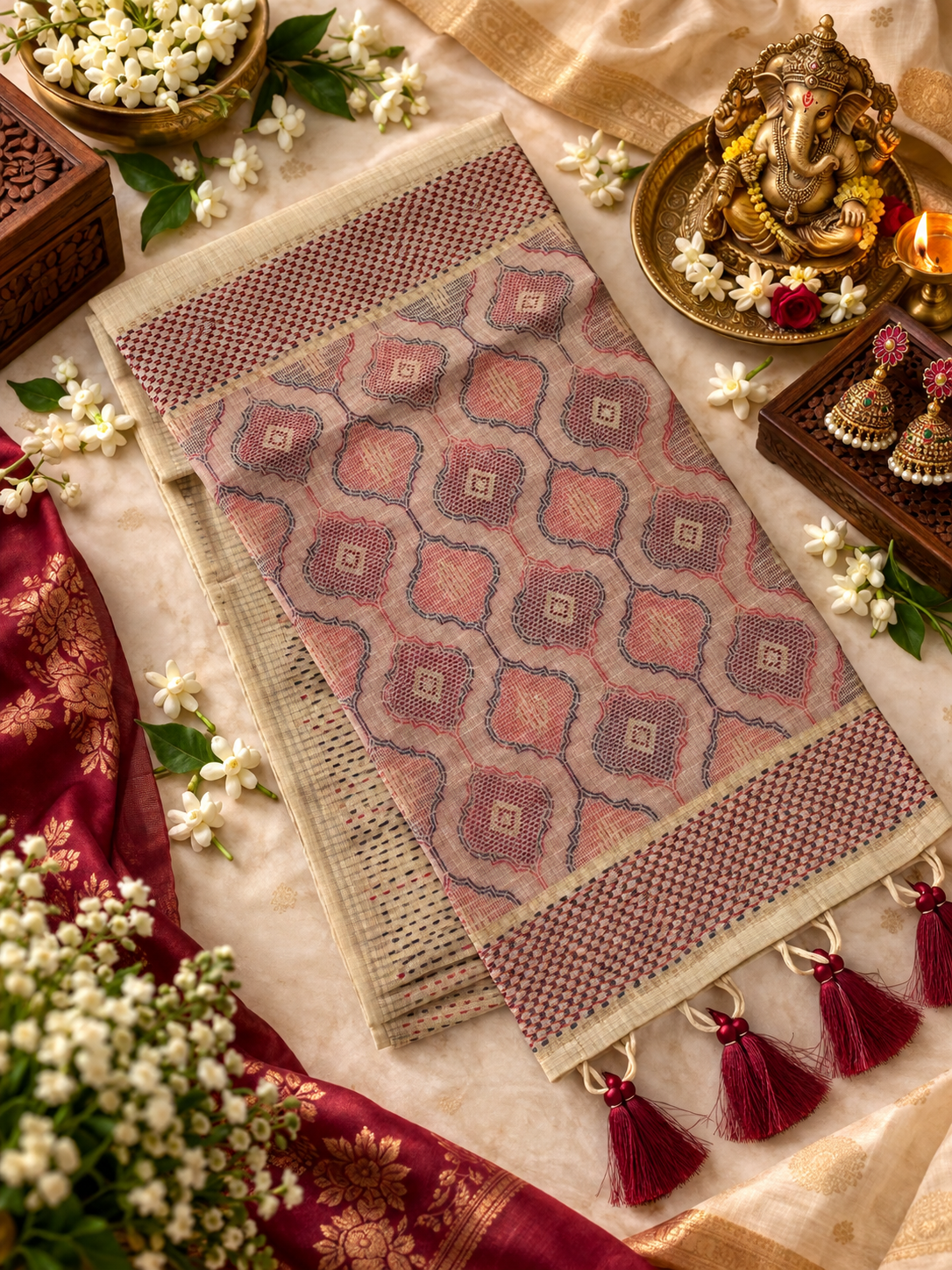 Soft Muga Cotton Festive Saree With Resham Weaving Butti Work and Tassels
