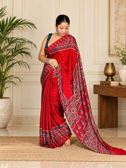Marvellous Red Handblock Print Modal Silk Ajrakh Saree