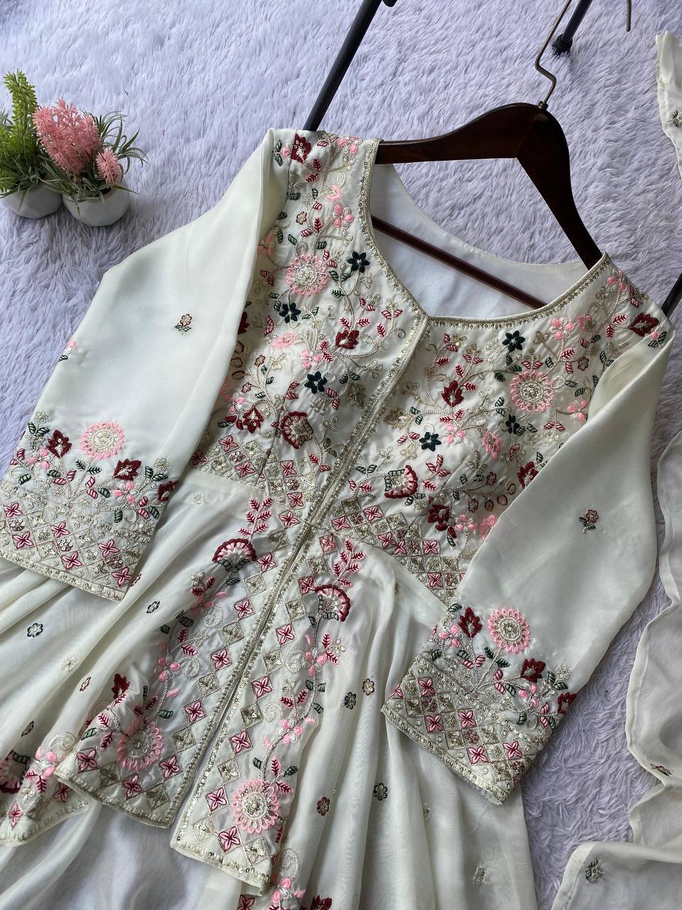 New Designer White Rangoli Silk Embroidered Suit Set