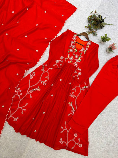 Trendy Festive Embroidery Mul Chanderi Anarkali Suit Set