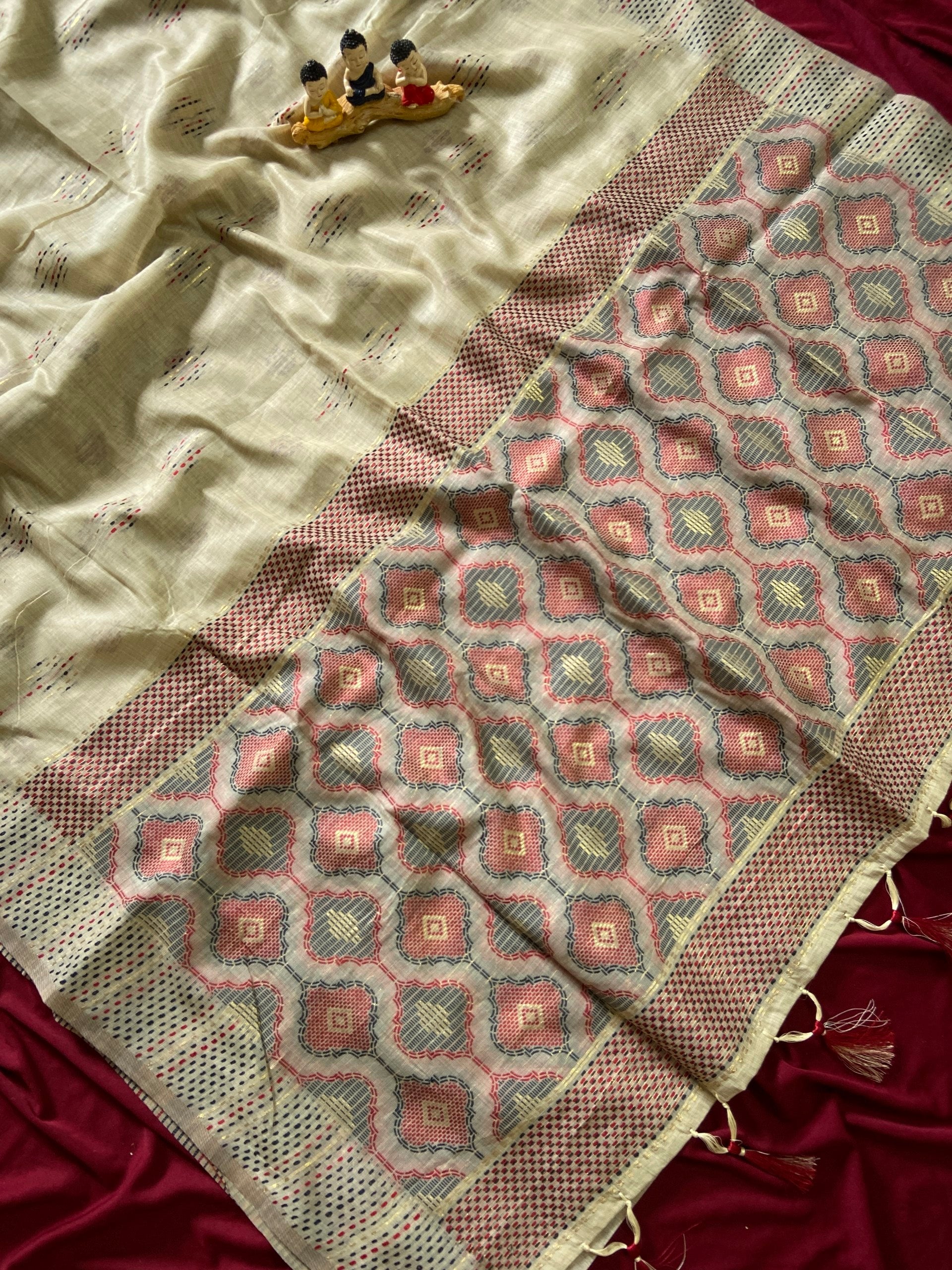 Soft Muga Cotton Festive Saree With Resham Weaving Butti Work and Tassels