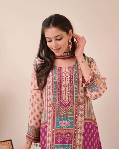 Premium Violet Patchwork Printed Chinon Suit Set with Fancy Mirror Work