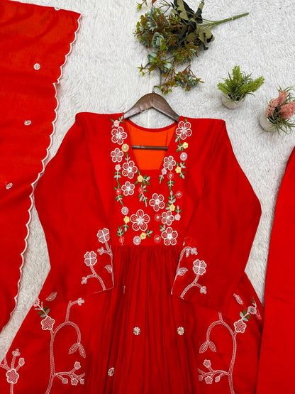 Trendy Festive Embroidery Mul Chanderi Anarkali Suit Set