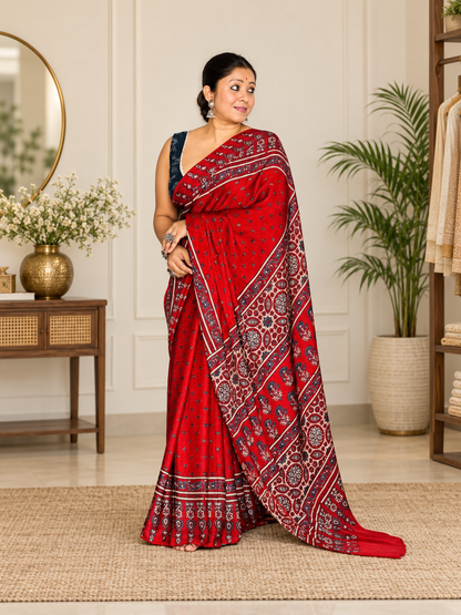 Marvellous Red Handblock Print Modal Silk Ajrakh Saree