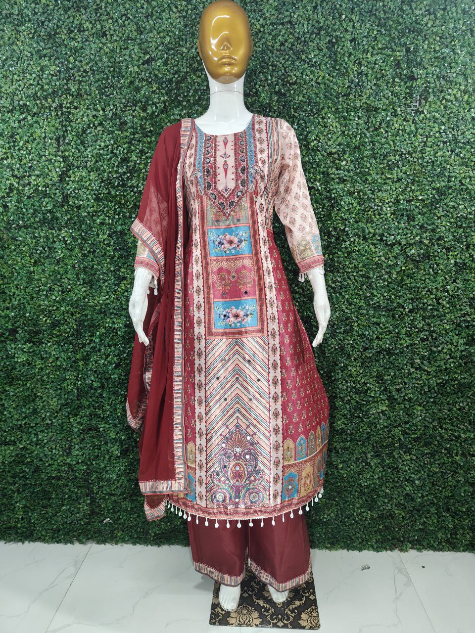 Premium Violet Patchwork Printed Chinon Suit Set with Fancy Mirror Work