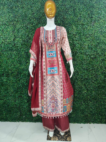 Premium Violet Patchwork Printed Chinon Suit Set with Fancy Mirror Work