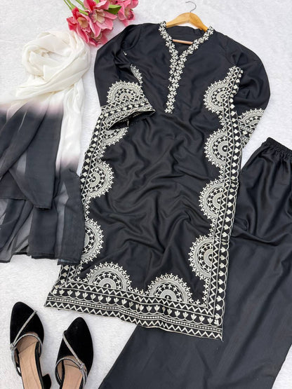 Elegant Midnight Black Biscuit Slub Threadwork Kurta Set With Dupatta