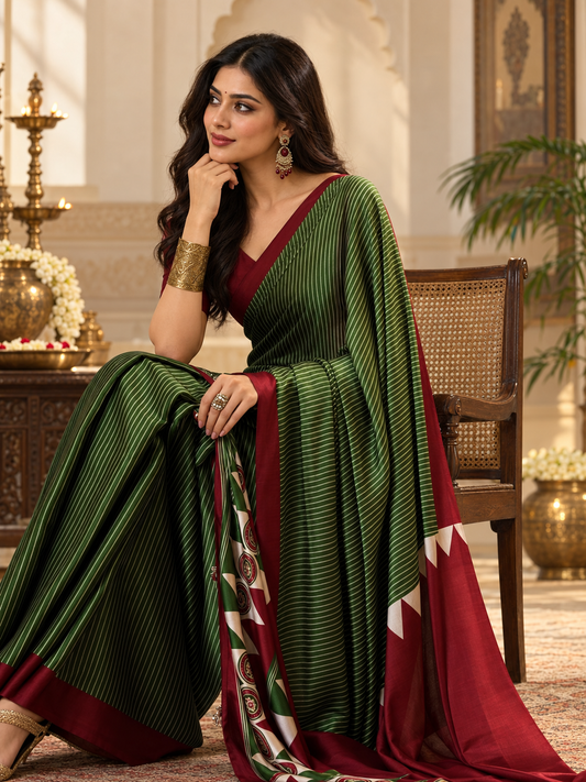 Premium Emerald Green Handcrafted Striped Modal Silk Saree