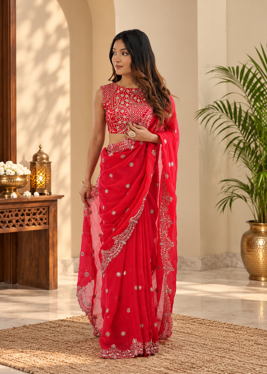 Trendy Festive style Dazzling Red Designer Chiffon Saree