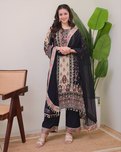 Elegant Black & Beige Printed Model Satin Suit Set with Fancy Mirror Work