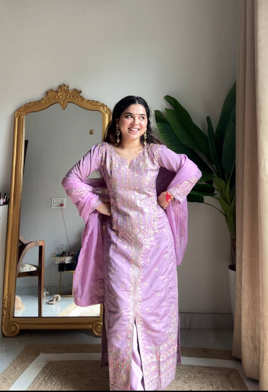Premium Roman Silk Embroidery Suit Set With Dupatta