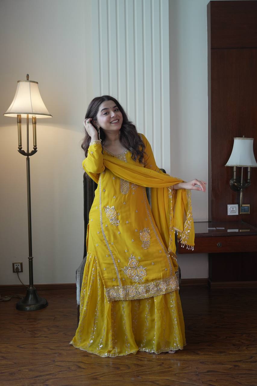 Designer Mustard Yellow Embroidered Fox Georgette Suit Set