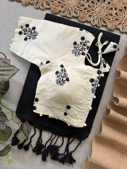 Attractive - Black Handloom Cotton Saree With Havy Embroidery Stitched Blouse